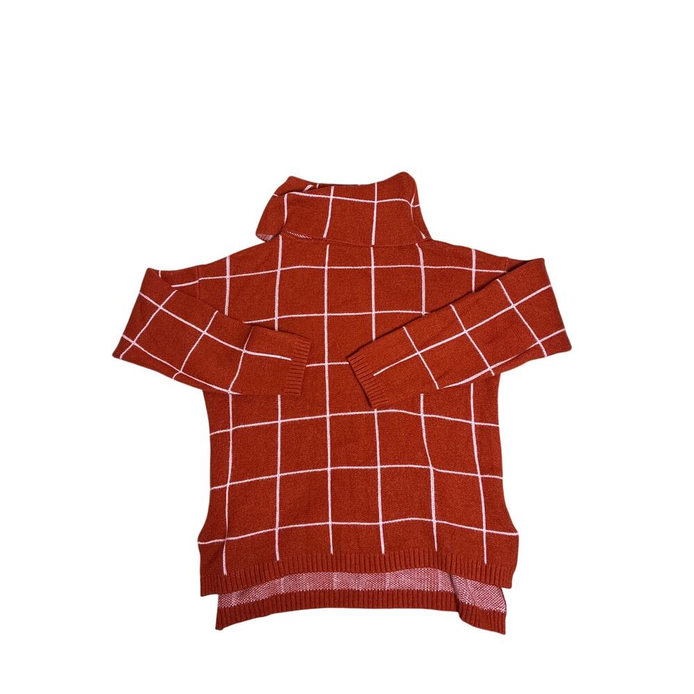 Burnt Orange White Square Pattern Sweater Women Small Mock Neck Cozy Spring Knit
